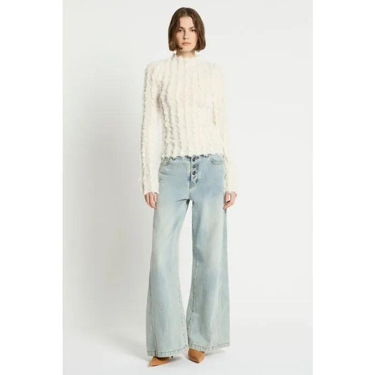 Image of a model wearing Tops. Productname: Birds Of A Feather Knit Top in Ivory colour by brand - sass and bide