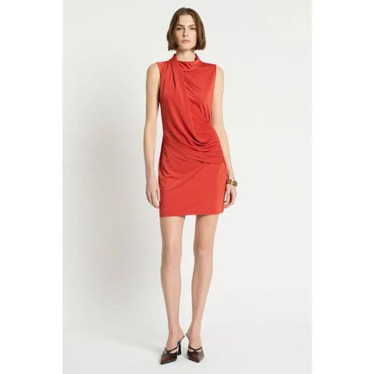 Image of a model wearing Dress. Productname: Samantha Dress in Geranium colour by brand - sass and bide