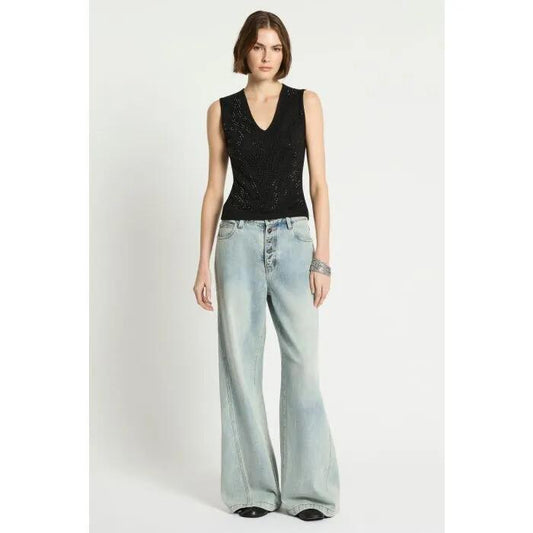 Image of a model wearing Tops. Productname: Dionysus Tank in Black colour by brand - sass and bide