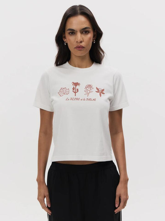Image of a model wearing Tops. Productname: Lulu & Rose La Flore Baby Tee in OFF WHITE colour by brand - Lulu & Rose