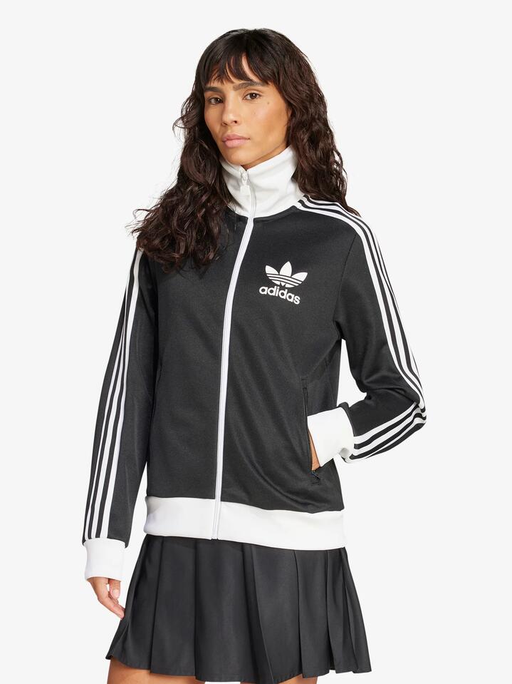 Image of a model wearing Tops. Productname: Adidas Women's Classic Track Top in Black/White colour by brand - Adidas