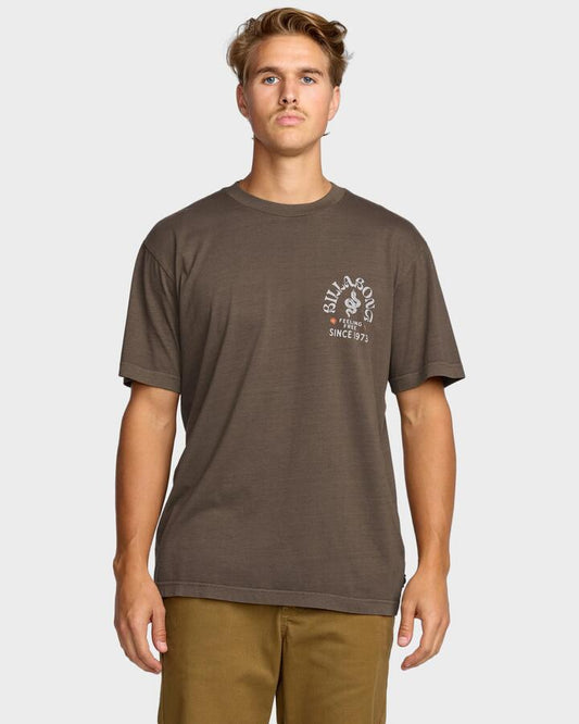 Image of a model wearing Tops. Productname: Billabong Mens Coiled T-Shirt Dark Brown - in Dark Brown colour by brand - Billabong
