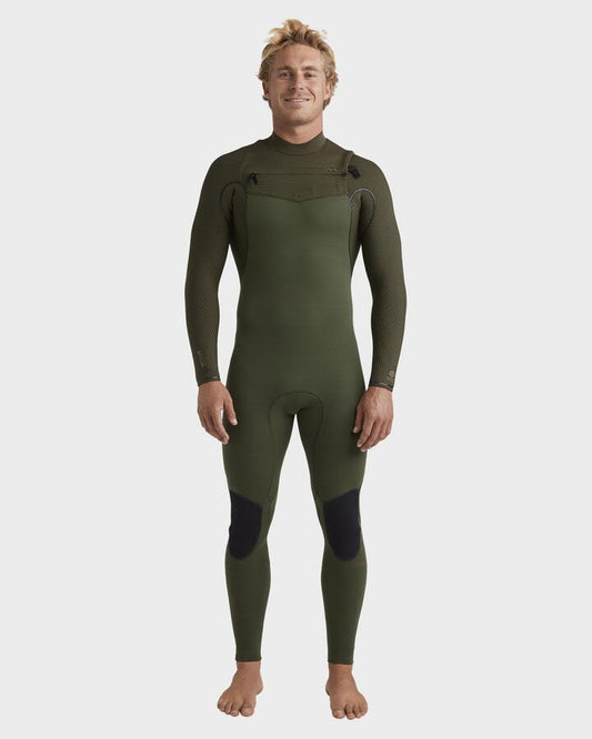 Image of a model wearing Tops. Productname: Billabong Mens 3/2Mm Furnace Natural Chest Zip Wetsuit Military - in Military colour by brand - Billabong