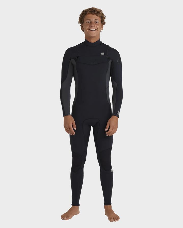 Image of a model wearing Tops. Productname: Billabong Mens 3/2Mm Absolute Natural Chest Zip Wetsuit Graphite - in Graphite colour by brand - Billabong