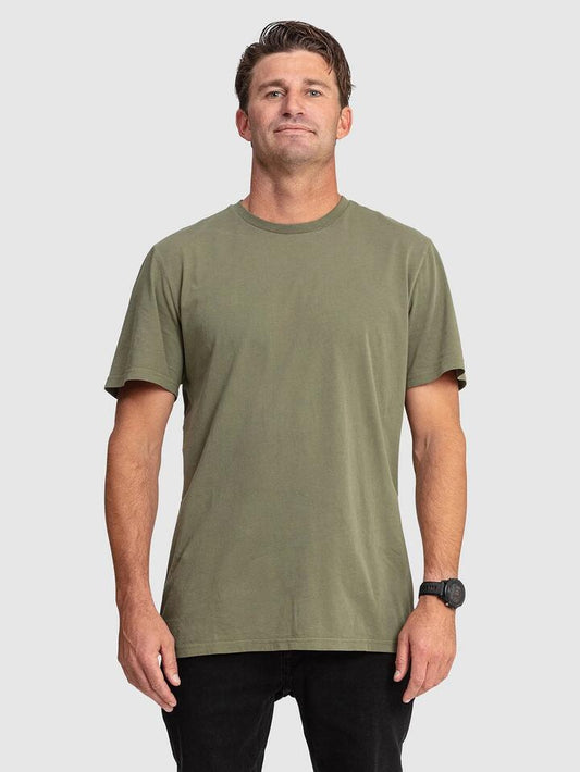 Image of a model wearing Tops. Productname: Volcom Mens Aus Solid T-Shirt Army Green Combo - in Army Green Combo colour by brand - Volcom