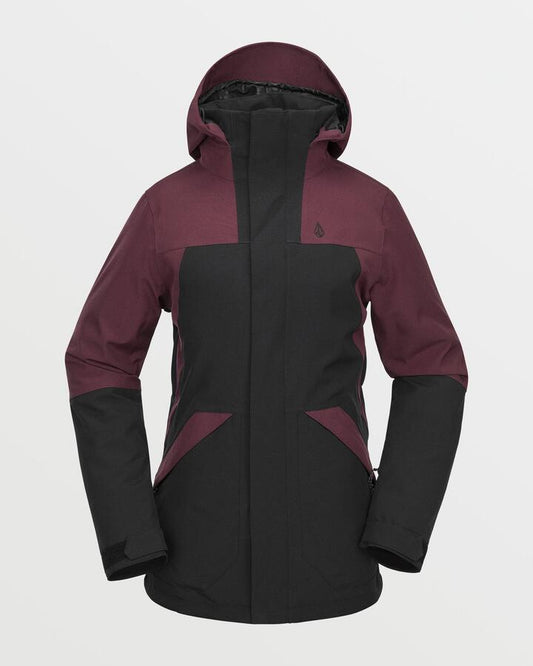Image of a model wearing Outerwear. Productname: Volcom - Womens Shelter 3D Stretch Insulated Jacket - Burgundy - in Burgundy colour by brand - Volcom