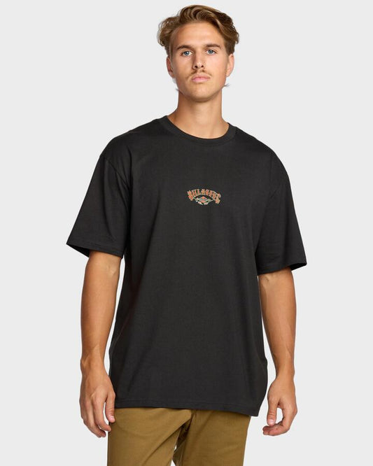Image of a model wearing Tops. Productname: Billabong - Mens Rose Arch Regular T-Shirt - Washed Black - in Washed Black colour by brand - Billabong