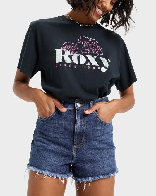 Image of a model wearing Shorts. Productname: Roxy - Womens Eva Denim Shorts - Medium Blue - in Medium Blue colour by brand - Roxy