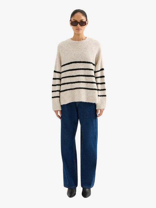 Image of a model wearing Tops. Productname: Nude Lucy Elias Stripe Knit in Oatmeal Stripe colour by brand - Nude Lucy
