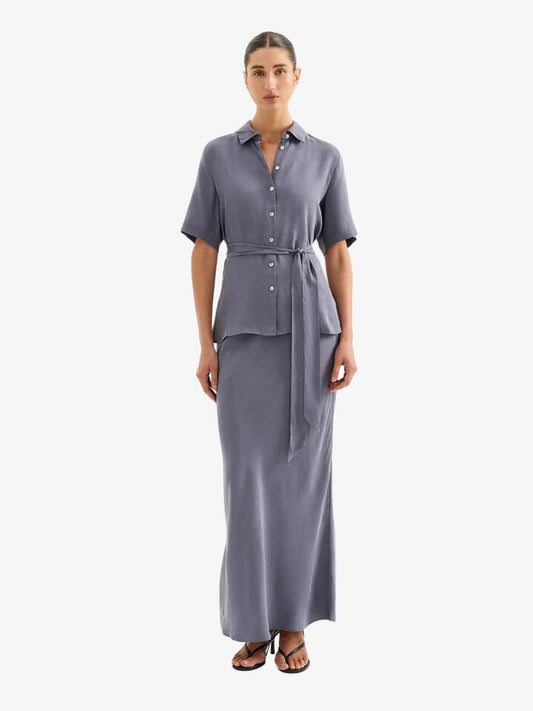 Image of a model wearing Tops. Productname: Nude Lucy Devin Tencel Shirt in Indigo colour by brand - Nude Lucy