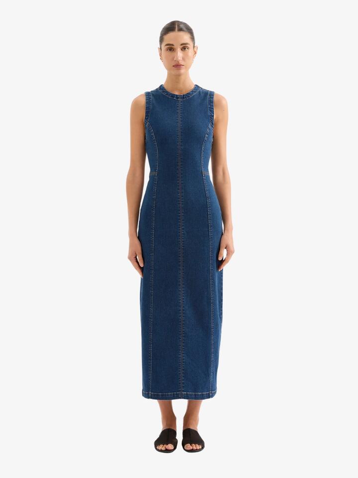 Image of a model wearing Denim. Productname: Nude Lucy Ida Denim Maxi Dress in Force Blue colour by brand - Nude Lucy