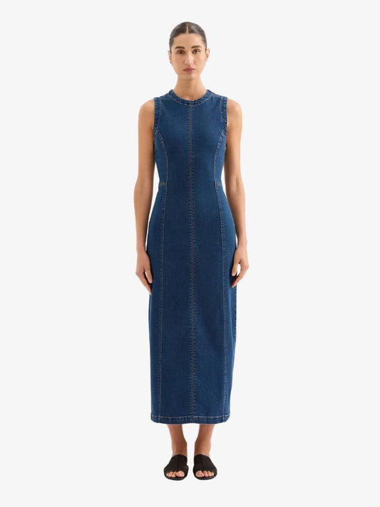 Image of a model wearing Denim. Productname: Nude Lucy Ida Denim Maxi Dress in Force Blue colour by brand - Nude Lucy