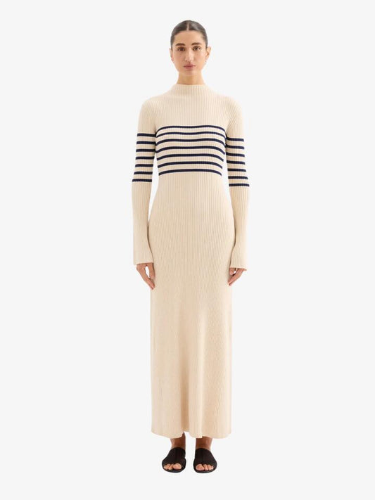 Image of a model wearing Dress. Productname: Nude Lucy Misha Knit Maxi Dress in Cloud Stripe colour by brand - Nude Lucy