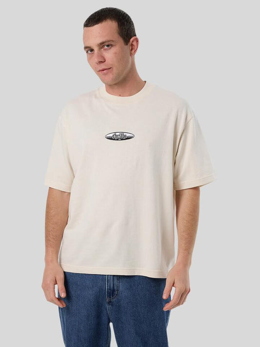 Image of a model wearing Tops. Productname: Thrills Lifted Spirits Box Fit Oversize Tee in Unbleached colour by brand - Thrills