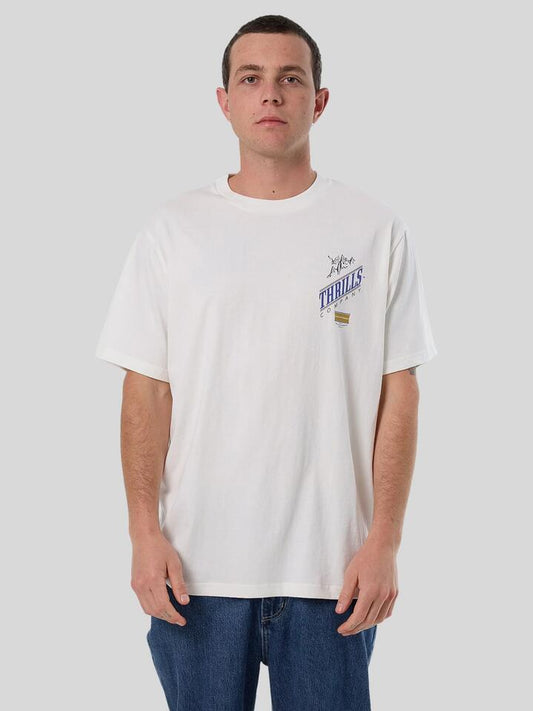 Image of a model wearing Tops. Productname: Thrills When it Hits Merch Your Lips Merch Fit Tee in White colour by brand - Thrills
