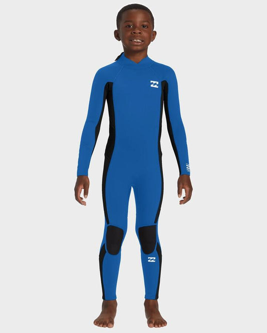 Image of a model wearing Tops. Productname: Billabong Boys 2-6 3/2Mm Foil Back Zip Gbs Wetsuit Mid Blue - in Mid Blue colour by brand - Billabong