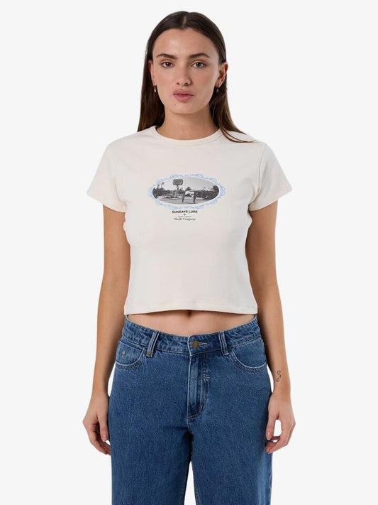 Image of a model wearing Tops. Productname: Thrills Sundays Lure Mini Tee in HERITAGE WHITE colour by brand - Thrills