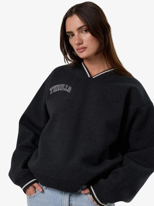 Image of a model wearing Outerwear. Productname: Thrills Legacy V Neck Fleece in BLACK colour by brand - Thrills