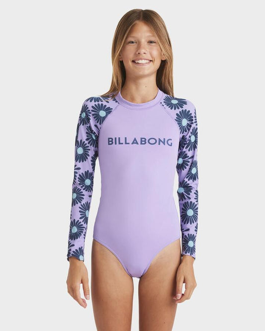 Image of a model wearing Tops. Productname: Billabong Girls 6-16 Fresh Daze Long Sleeve Rash Vest Multi - in Multi colour by brand - Billabong