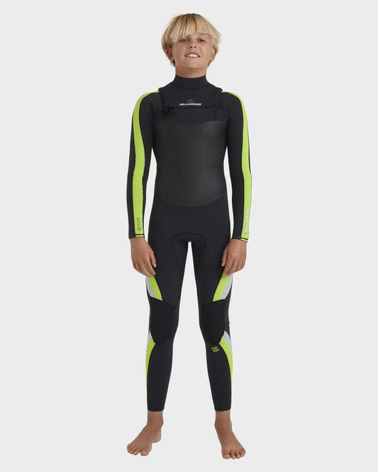 Image of a model wearing Tops. Productname: Billabong Boys 8-16 3/2 Oscillator Chest Zip Wetsuit Lime - in Lime colour by brand - Billabong