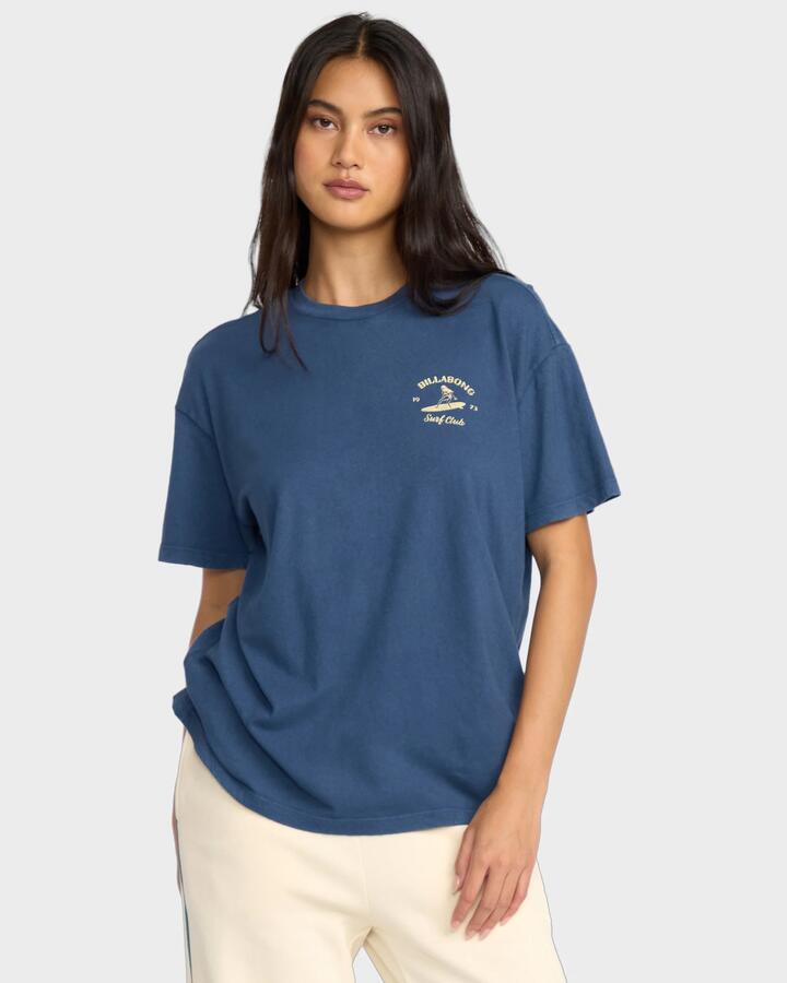 Image of a model wearing Tops. Productname: Billabong - Womens Catch Feelings T-Shirt - Navy - in Navy colour by brand - Billabong