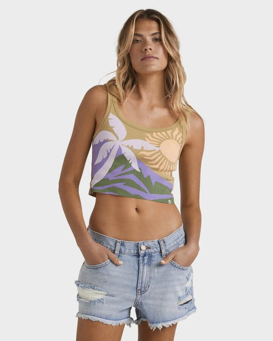 Image of a model wearing Tops. Productname: Billabong - Womens Feel The Heat Tank Top - Cadet - in Cadet colour by brand - Billabong