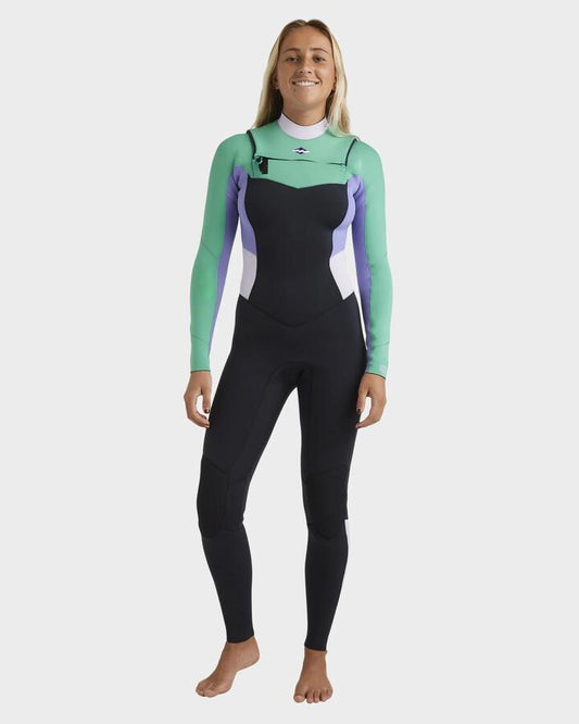Image of a model wearing Tops. Productname: Billabong - Womens 3/2Mm Salty Dayz Chest Zip Wetsuit - Aqua Haze - in Aqua Haze colour by brand - Billabong