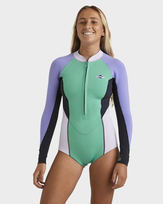 Image of a model wearing Tops. Product name - Billabong Womens 2/2Mm Salty Dayz Natural Long Sleeve Springsuit Aqua Haze in Aqua Haze colour by brand - Billabong