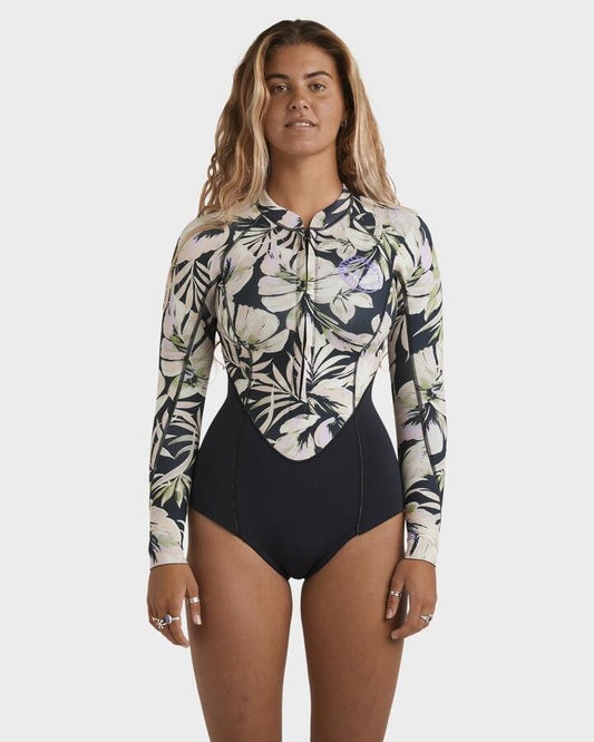 Image of a model wearing Tops. Product name - Billabong Womens 2/2Mm Salty Dayz Natural Long Sleeve Springsuit Black Floral in Black Floral colour by brand - Billabong