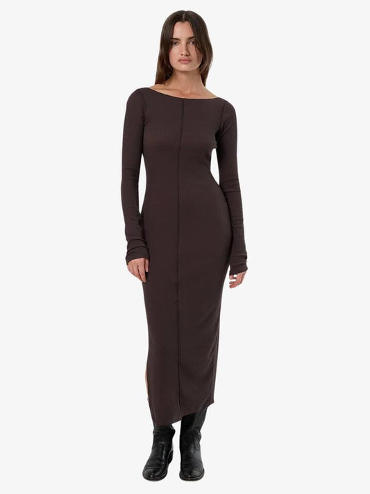 Image of a model wearing Dress. Productname: Thrills Jordi Boat Neck Maxi Dress in DARK CHARCOAL colour by brand - Thrills