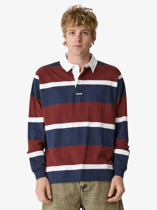 Image of a model wearing Tops. Productname: Xlarge XL Stripe Rugby in Burgundy colour by brand - Xlarge