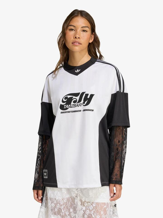 Image of a model wearing Tops. Productname: Adidas Soccer Summer Fem Lace Long Sleeve Jersey in white/black colour by brand - Adidas