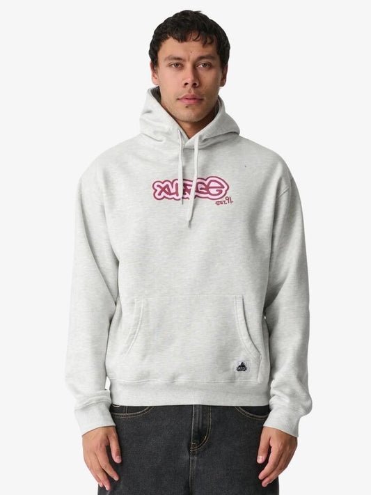 Image of a model wearing Outerwear. Productname: Xlarge Tag Hood in Snow Marle colour by brand - Xlarge