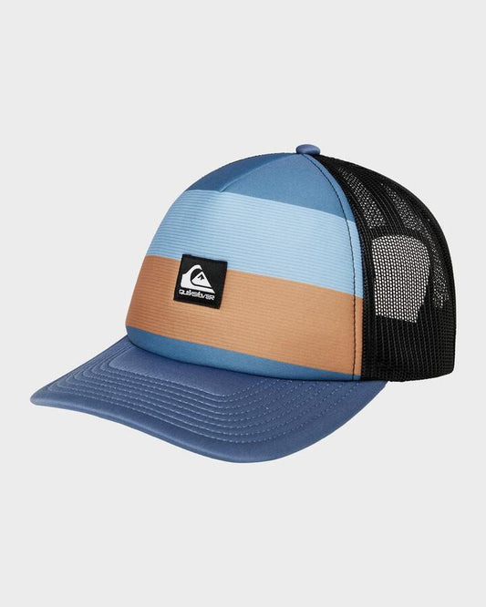 Image of Hats. Productname: Quiksilver - Boys Emu Coop Trucker Cap - China Blue Reconnect Stripe - in China Blue Reconnect Stripe colour by brand - Quiksilver