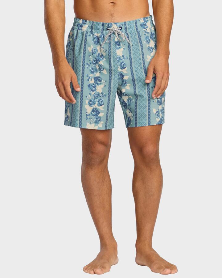 Image of a model wearing Shorts. Product name - Billabong Mens Sundays Layback 17" Swim Shorts Blue Shadow - in Blue Shadow colour by brand - Billabong