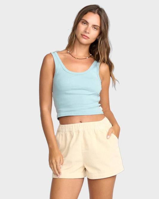 Image of a model wearing Tops. Productname: Billabong - Womens Goddess Knit Tank Top - Blue Fog - in Blue Fog colour by brand - Billabong