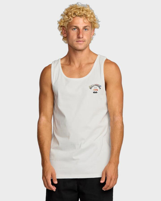Image of a model wearing Tops. Productname: Billabong Mens Arch Fade Tank Top Off White - in Off White colour by brand - Billabong