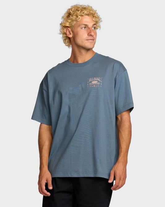 Image of a model wearing Tops. Productname: Billabong - Mens Double Spread T-Shirt - Steel Blue - in Steel Blue colour by brand - Billabong