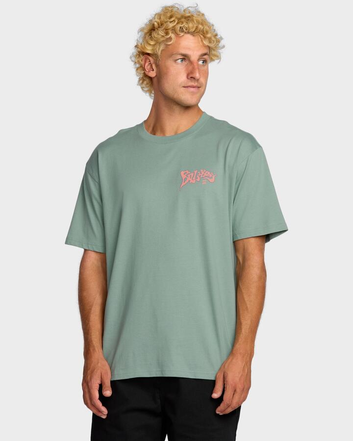Image of a model wearing Tops. Productname: Billabong - Mens Morning Haze Regular T-Shirt - Mineral Blue - in Mineral Blue colour by brand - Billabong