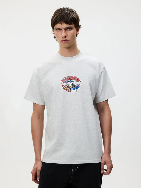Image of a model wearing Shorts. Productname: Xlarge Spark Up Short Sleeve Tee in Ash Heather colour by brand - Xlarge