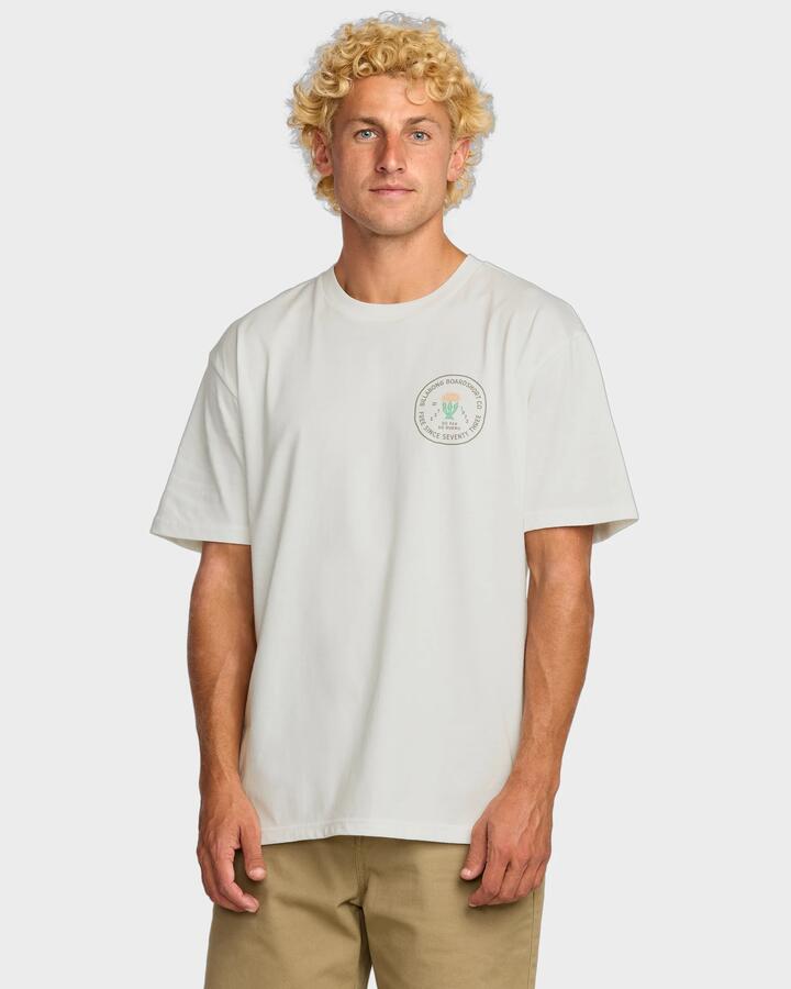 Image of a model wearing Tops. Productname: Billabong Mens Desert Flower Regular T-Shirt Off White - in Off White colour by brand - Billabong