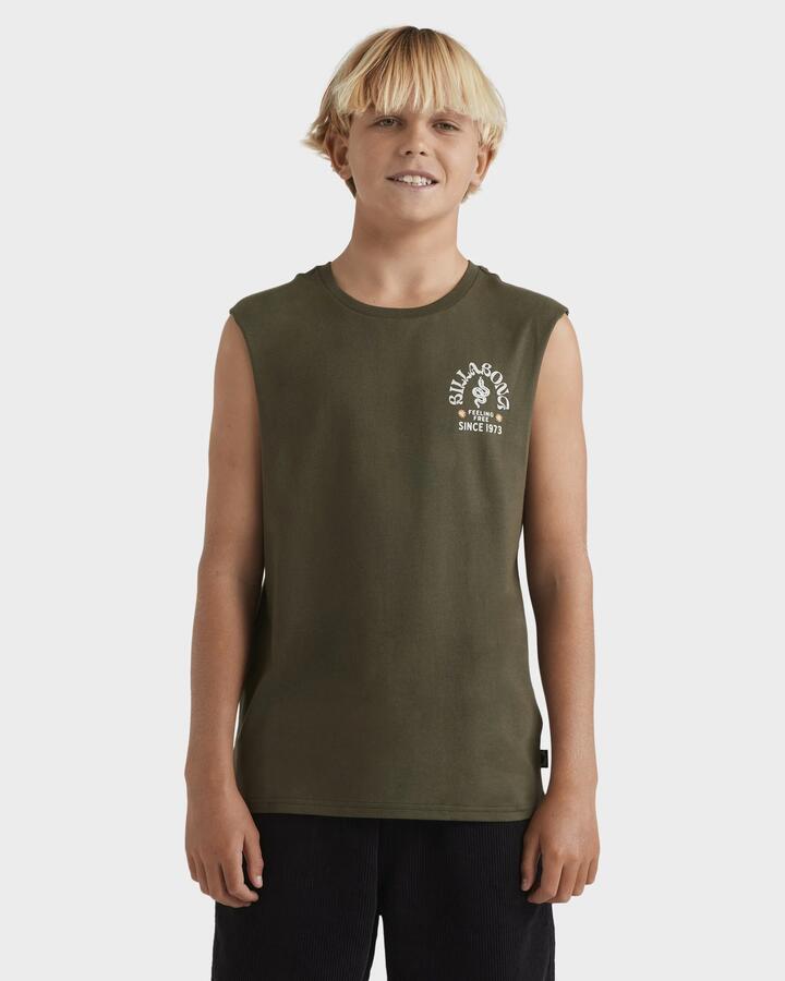 Image of a model wearing Tops. Product name - Billabong Boys 8-16 Snake Arch Muscle Dark Military in Dark Military colour by brand - Billabong