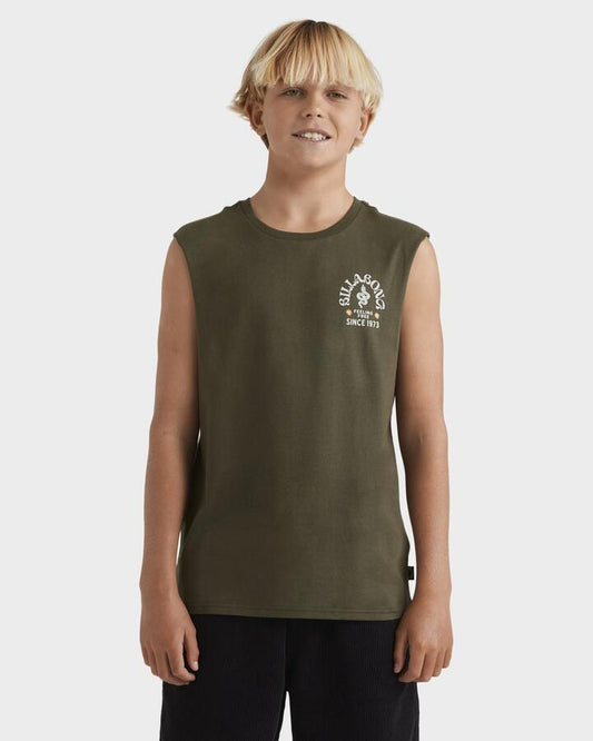 Image of a model wearing Tops. Product name - Billabong Boys 8-16 Snake Arch Muscle Dark Military in Dark Military colour by brand - Billabong