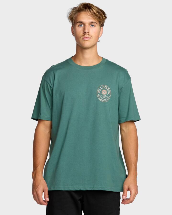 Image of a model wearing Tops. Productname: Billabong - Mens Sunny Days T-Shirt - Sage Green - in Sage Green colour by brand - Billabong