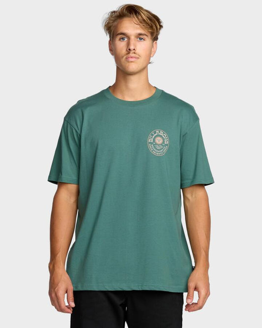 Image of a model wearing Tops. Productname: Billabong - Mens Sunny Days T-Shirt - Sage Green - in Sage Green colour by brand - Billabong