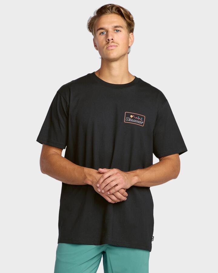 Image of a model wearing Tops. Productname: Billabong Mens Range Adiv T-Shirt Black - in Black colour by brand - Billabong