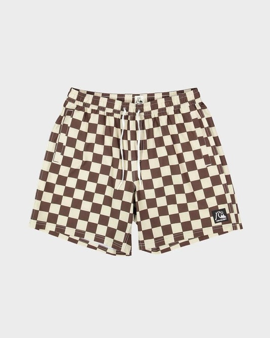 Image of a model wearing Shorts. Productname: Quiksilver Mens Original Volley 17" Swim Shorts Chocolate Brown Checker - in Chocolate Brown Checker colour by brand - Quiksilver