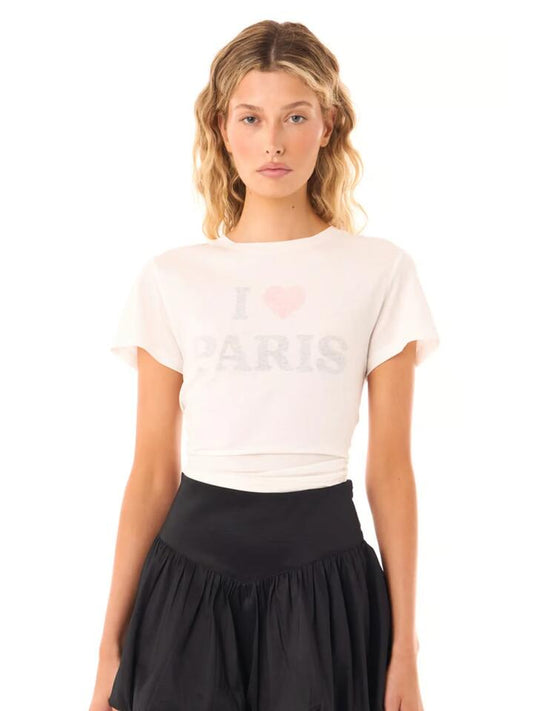 Image of a model wearing Tops. Productname: Felle Essential T-Shirt I love Paris in White colour by brand - Felle