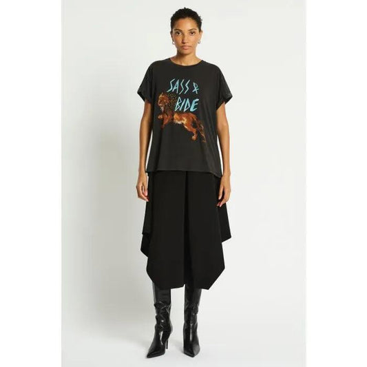 Image of a model wearing Tops. Productname: Lion Dance Tee in Black colour by brand - sass and bide