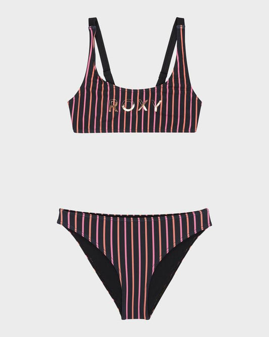 Image of Accessories. Product name - Roxy Girls 6-16 Active Rg Two Piece Anthracite Bold Stripe in Anthracite Bold Stripe colour by brand - Roxy
